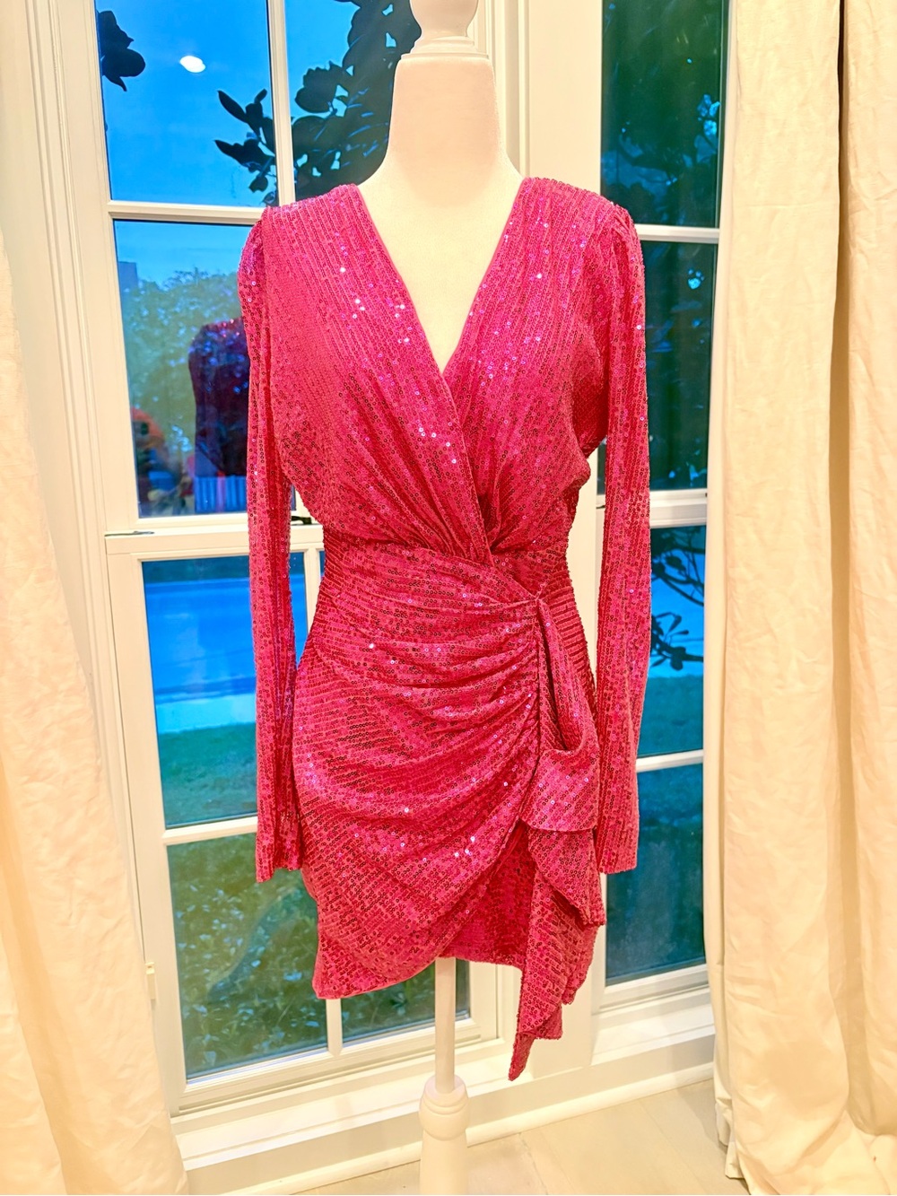 Sequin Wrap Long-Sleeve Mini Dress in Hot Pink